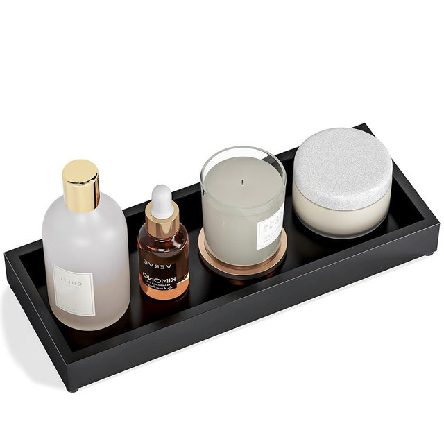 Bathroom Vanity Tray Black Decorative Tray for Counter, 11.2"x 4.3" Small Wood Sink Soap Tray Holder for Kitchen, Dresser Countertop Decor Rectangle Wooden Organizer, Black