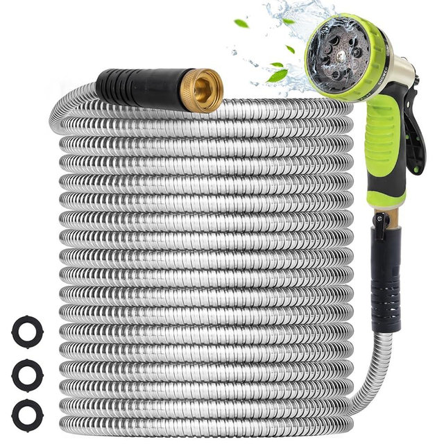 Higen Metal Garden Hose 100FT - Heavy Duty Stainless Steel Metal Water Hose With 10 Function Nozzle, Lightweight, No Kink, Durable and Leak Proof Flexible Garden Hose for Yard, Outdoor