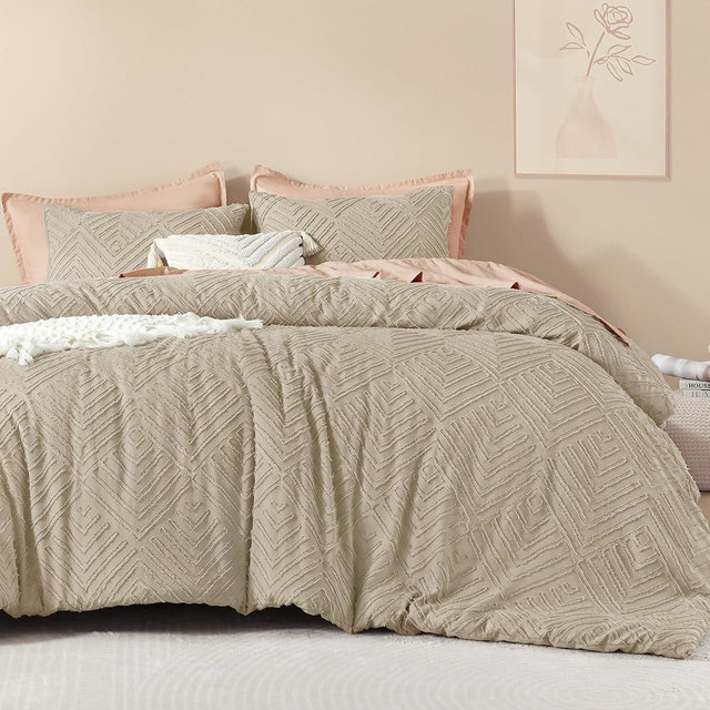 Litanika California King Comforter Set Wheat, 3 Pieces Tufted Boho Farmhouse Bedding Comforter Sets, Lightweight Fluffy Comforter Bed Set All Season (104x96In Comforter & 2 Pillowcases)