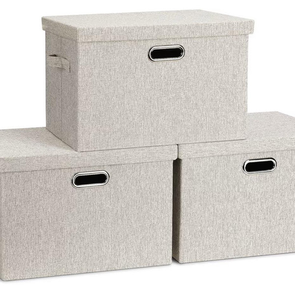 Graciadeco Large Quart Collapsible Stackable Storage Bins with Lids, 3 Packs Beige Linen Fabric Closet Boxes with Lids, Storage Cube Baskets Container Organizers for Bedroom Office(16.6 x 11.7 x 10.8)