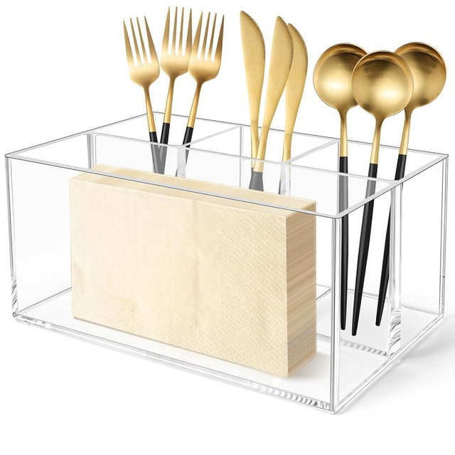 Vowcarol Acrylic Silverware Caddy Cutlery Holder 4 Compartments Tableware Storage Box for Napkin, Paper Plate, Knife Spoon and Fork Holder