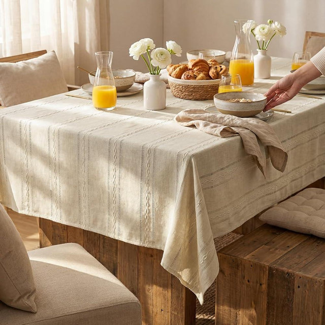 Horaldaily Beige Cotton Blend Tablecloth 60×84 Inch Rectangular, Farmhouse Style, Wrinkle Resistant Washable Table Cloth, Hemstitched Embroidery Table Cover for Home