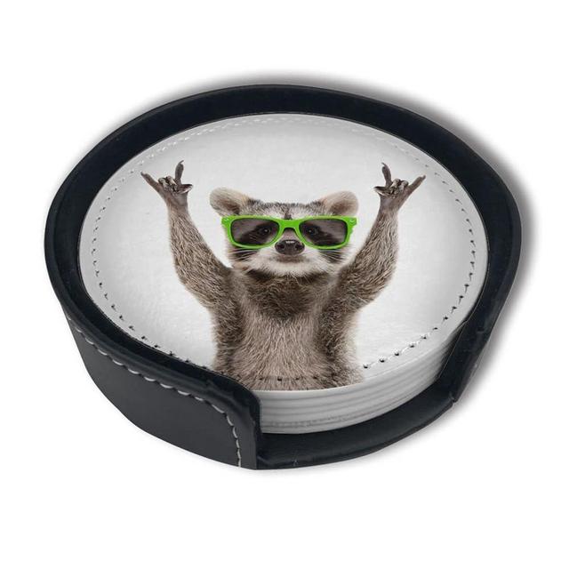 Novelty Raccoon Coasters for Drinks with Holder Leather Coasters Set of 6 Table Decor Protect Furniture from Water Marks Scratch and Damage