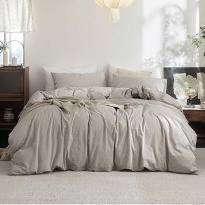 FOSSA Duvet Cover Set 100% Washed Cotton Linen Feel Super Soft Breathable Cozy 3 Pieces Bedding Sets Solid Beige Grey Queen
