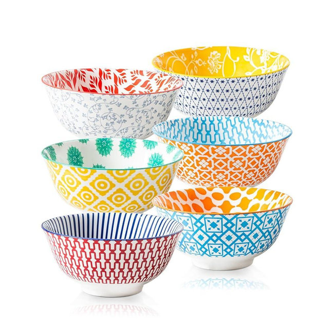 Cerkik Ceramic Soup Bowls Set - 24 Oz Deep Cereal Bowl - 6 Inch Large Kitchen Dinner Bowl Eating Pasta Salad Dessert Noodle Rice Oatmeal - Microwave Dishwasher Safe - Set of 6 - Assorted Colors