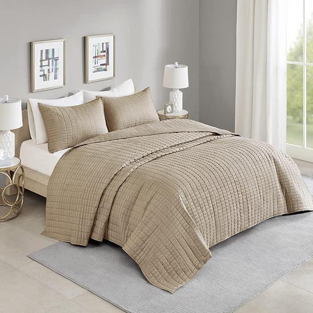 Comfort Spaces Kienna Quilt Coverlet Bedspread Ultra Soft Hypoallergenic All Season Lightweight Filling Stitched Bedding Set, Oversized Queen 108"x118", Taupe