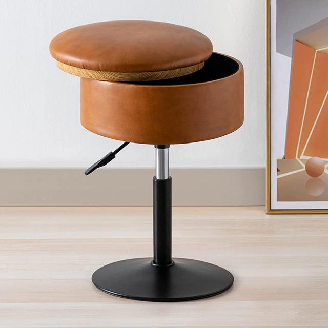 Farini Brown Vanity Stool Vanity Chair for Makeup Room Round Storage Ottoman for Living Room PU Leather Height Adjustable 360 Swivel Foot Stools Upholstered Pleated Foot Rest