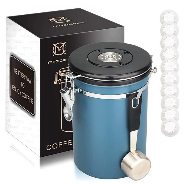 MAGICAFÉ Airtight Coffee Bean Storage - with Co2 Valve Vacuum Sealed Coffee Container with Scoop For Beans Grounds Large Blue 21oz