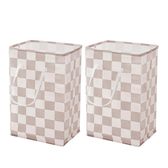 Ohocut Checkered Laundry Hamper, Pack of 2, Large Beige Khaki Collapsible Cloth Hampers Basket for Storage Organization Cute Aesthetic, 2 x 75L