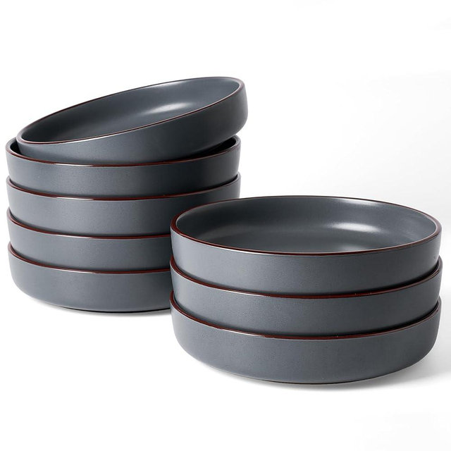 famiware Mercury Pasta Bowls Set of 8, 33 oz Large Salad Bowls, Ceramic Pasta Plates Bowls, Serving Bowls for Kitchen, Microwave & Dishwasher Safe, Charcoal
