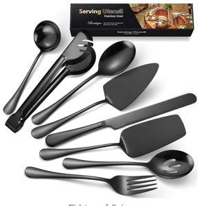 AARAINBOW Exquisite 8 Pieces Serving Utensils Set, Stainless Steel Serving Utensils Large Hostess Serving Set with Serving Spoons, Serving Tongs, Serving Fork, Cake Knife for Parties Buffet (8 Black)…