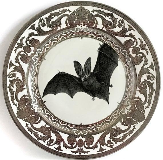 Bats! Stunning Raised Silver Bat Plate (7.5" or 10.5") or Cup/Saucer Set (8 Ounces), Food- and Dishwasher Safe