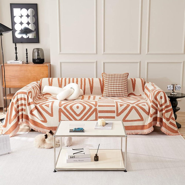 VClife Boho Couch Cover for Dog, Checkered Plaid Couch Covers for Girls Woman, Multi-Functional Sofa Furniture Protector with Tassel, Washable Pet Sofa Cover for 2 Cushion Couch, Caramel, 71"x118"