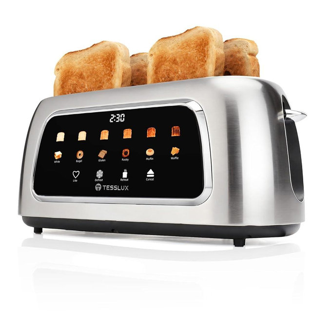 Tesslux 4 Slice Toaster with Touch Screen Control, 1.5" Wide Long Slots, 6 Browning Levels & 6 Bread Types, Digital Timer, Memory, Defrost, Reheat (SILVERY)