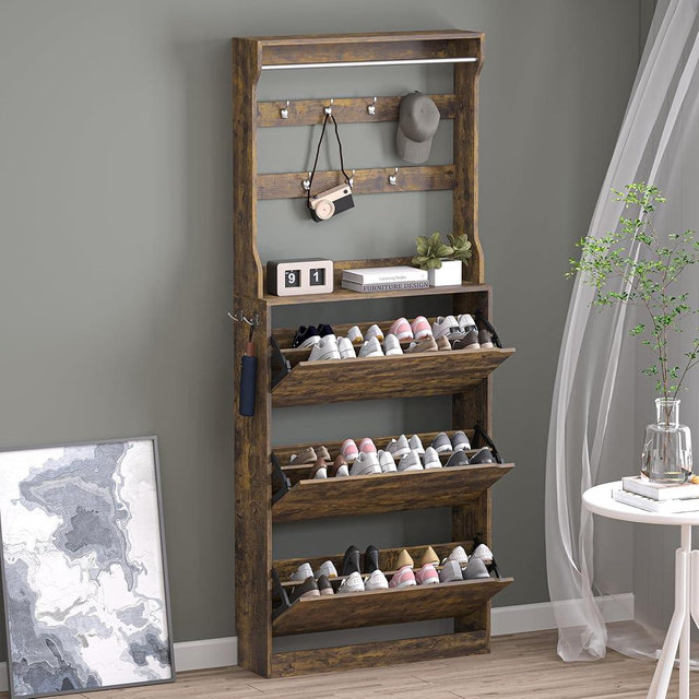 BORNOON Shoe Cabinet with 3 Flip Drawers & Coat Rack, Narrow Hidden Shoe Storage Cabinet, 2-in-1 Hall Tree Slim Freestanding Shoe Rack Organizer for Entryway, Hallway, and Living Room