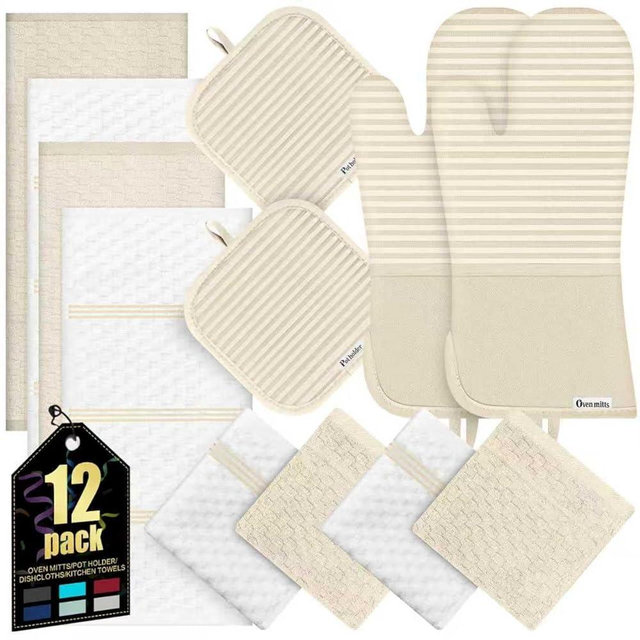 Oven Mitts Kitchen Towels and Dishcloths with Pot Holders Sets, Oven Gloves Hot Pads 500°F Heat Resistant with Silicone Grip, Include 2 Cooking Gloves/2 Potholders/4 Kitchen Towels/4 Dish Towels