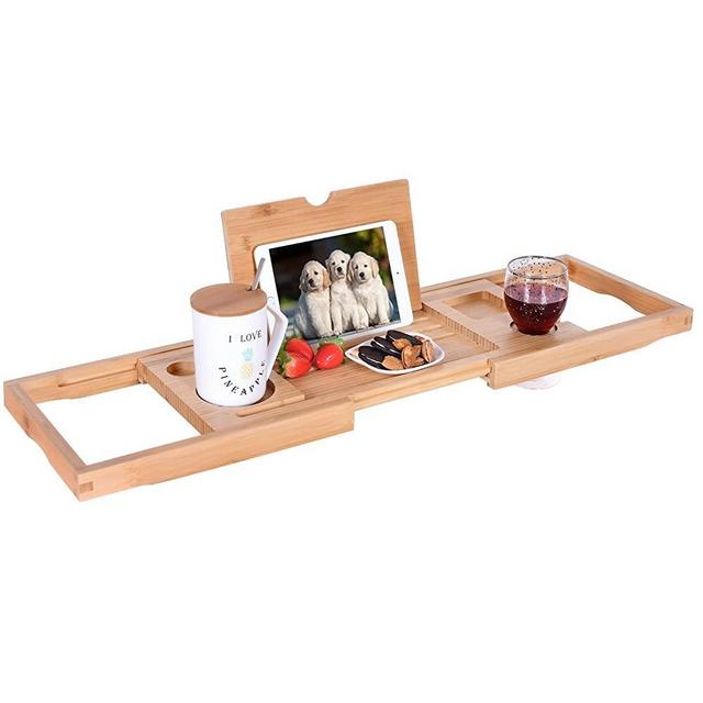 Bamboo Bathtub Tray Caddy Non Slip, Expendable Bath Tray for Tub with Book Wine Tablet and Book Holder,Bathroom Reading Organizer Tray