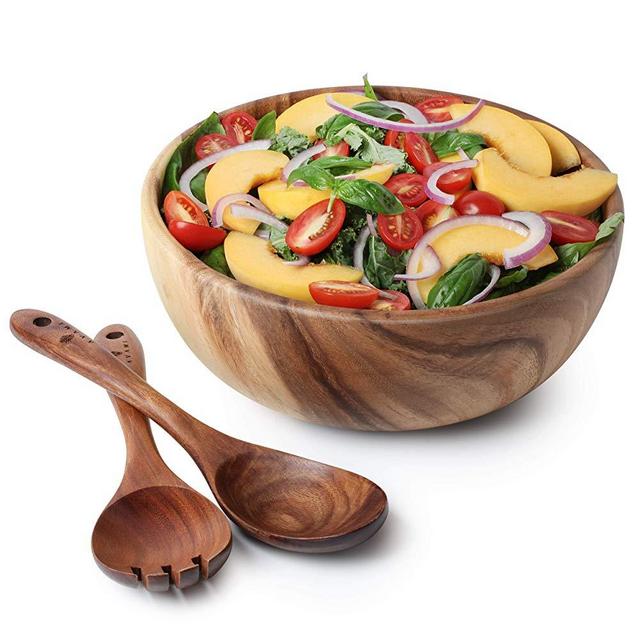 Acacia Wood Salad Bowl with Servers Set - Large 10 inches Solid Hardwood Salad Wooden Bowl with Spoon for Fruits,Salads and Decoration by AVAMI
