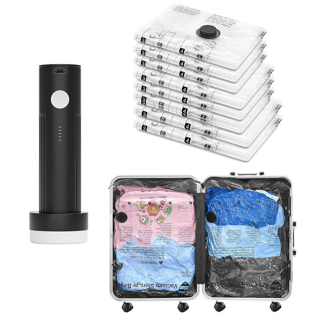 SUOCO Travel Vacuum Bags for Luggage with Portable Electric Pump, 8 Combo (2L/3M/3S) Packing Seal Bags for Clothing Suitcase Backpack, Space Saver Compression Clothes Storage Bag