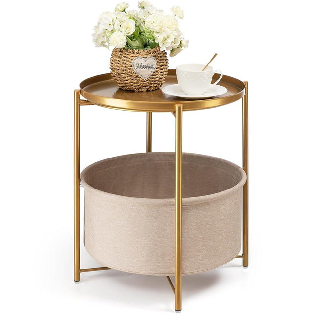 danpinera Round Side Table with Fabric Storage Basket, Pack of 2, Metal Side Table Small Bedside Table Nightstand with Removable Tray Top for Living Room, Bedroom, Nursery, Laundry, Gold