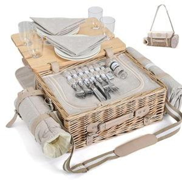 Multifunctional Wicker Picnic Basket Set, Insulated Picnic Set - Flowers with Blanket & Table for 4