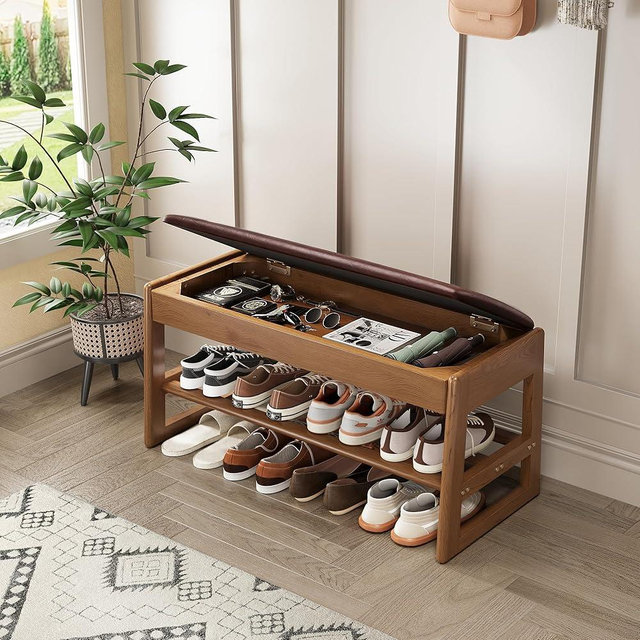 IUNVR Shoe Rack Bench Seat Rubberwood 2-Tier Wooden Storage Bench 550lbs Compact Mid-Century Modern Design for Entryway, Hallway, Closet, Front Door Entrance, Foyer