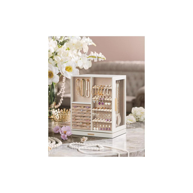 SONGMICS Jewelry Box 360° Rotating, Jewelry Storage Case with 5 Drawers, Jewelry Organizer, Glass Window, Spacious Cloud White