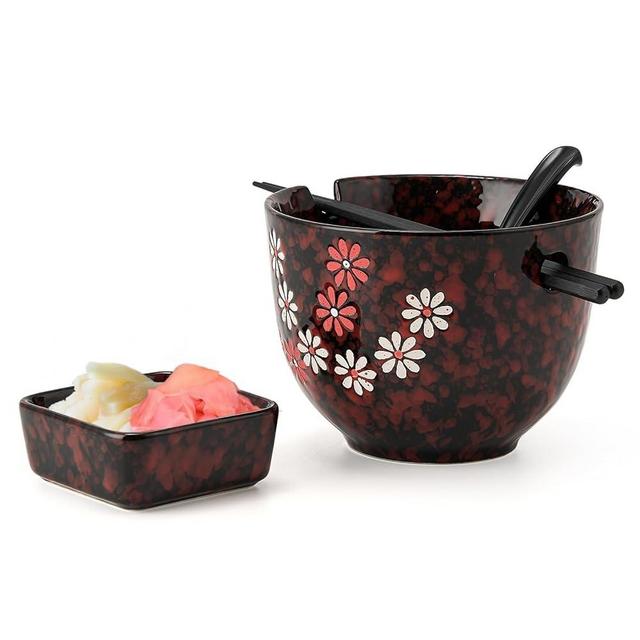 JIEMEI HOME Ceramic Ramen Bowl with Square Dipping Saucer, Chopsticks & Soup Spoon, 6 Inch Ceramic Noodle Bowl Set for Asian Food, Pho Udon Noodle, Special Reactive Glazed Crimson