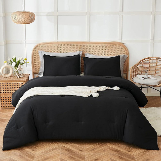 Litanika Black Comforter Set Queen Size, 3 Pieces Boho Lightweight Solid Bedding Set & Collections, All Season Fluffy Bed Set (90x90In Comforter & 2 Pillowcases)