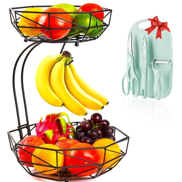 NESSTU Fruit Basket With Banana Hanger, 2 Tier Fruit Basket for Kitchen Fruit Bowl for Kitchen Counter Multifunction Detachable Metal Banana Holder Stand, Come With Kitchen Four-piece Set