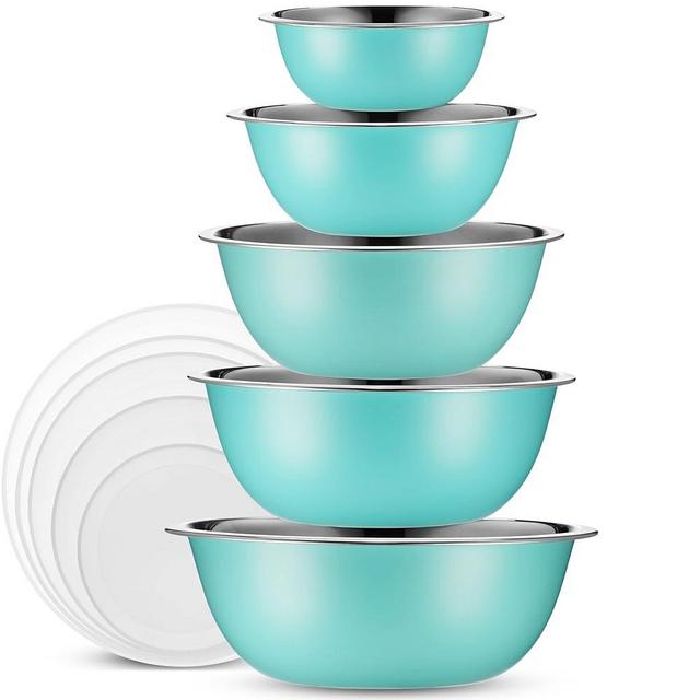 WHYSKO Stainless Steel Mixing Bowls With Lids Set, 5 Sizes Nesting Mixing Bowls for Your Kitchen Meal Prep, Cooking, Baking, and Food Storage (Blue Bowls with White Lids)