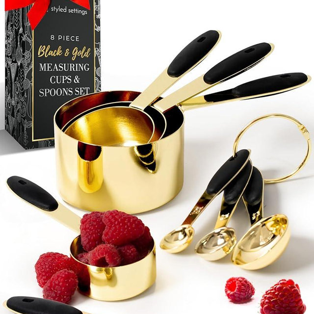 Styled Settings Black and Gold Measuring Cups and Spoons Set - 8PC Stainless Steel Measuring Spoons and Cups Set for Precise Baking & Cooking - Stylish Black and Gold Kitchen Accessories