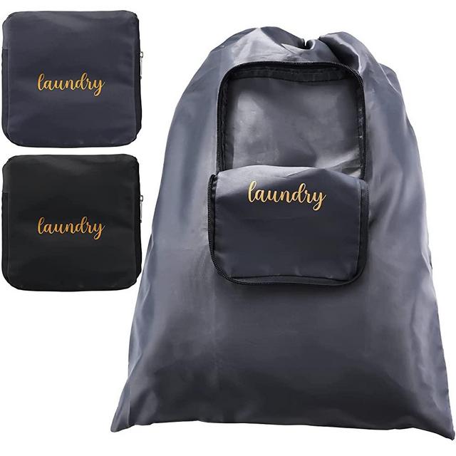 2 Pieces Travel Laundry Bag Small Dirty Clothes Bags for Traveling Lightweight and Expandable Laundry Bag for Suitcase with Zipper and Drawstring Nylon (Black, Gray)