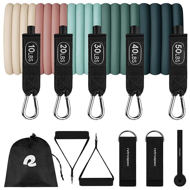 Retrospec Train Resistance Bands Set (5pc) Workout Bands w/ Handles, Door Anchor, Carry Bag for Women & Men