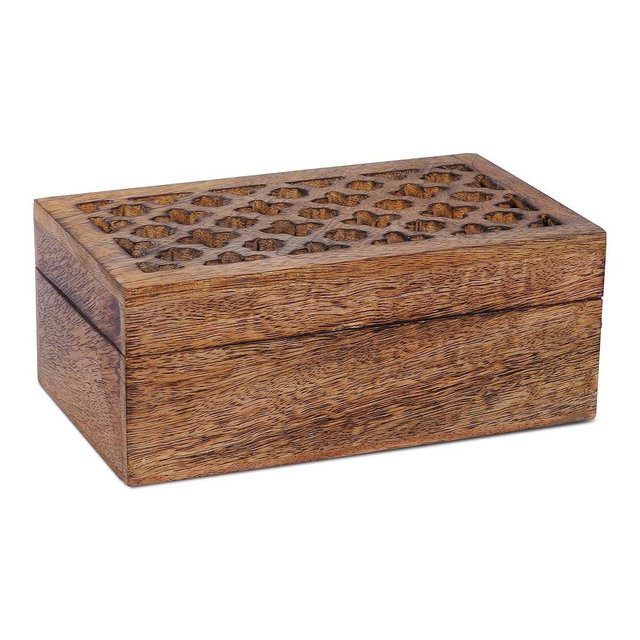 Decorative Medium Burnt Mango Wood Box's with Lid - “Trellis” Medium Keepsake Box's - Handmade Decorative Box with Lid for Use As Memory Box, Jewelry Box, Photo Storage Box, & More - 7.5” x 4.5” x 3”