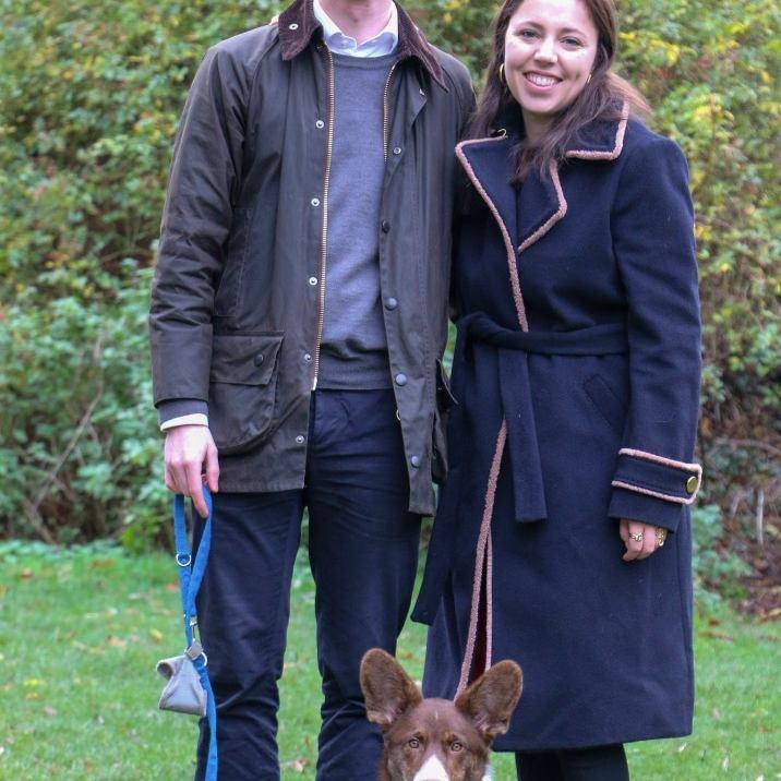 Mads and Camilla with their corgi Georgie.
