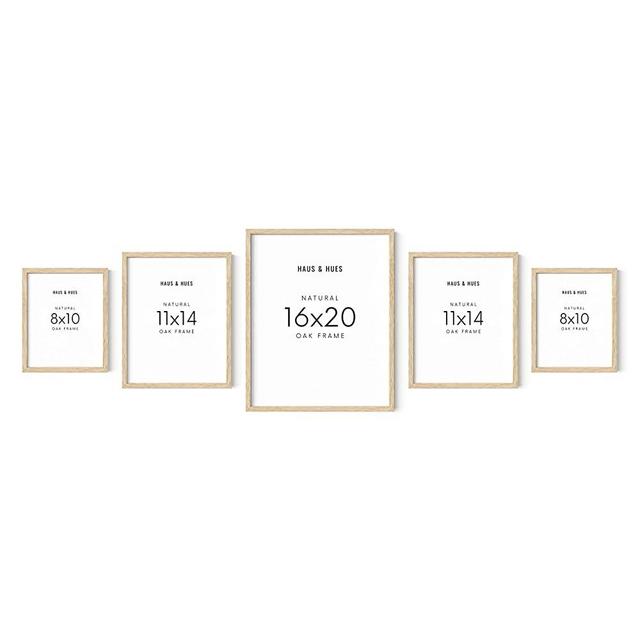 HAUS AND HUES Picture Frame Set - Set of 5 Wall Frames Collage Set, Collage Photo Frames, Natural Wood Picture Frames, Gallery Wall Decor, (Two 8x10, Two 11x14, One 16x20 Framed Beige)