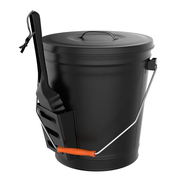Metal Ash Bucket with Lid and Shovel - Wood Stove and Fireplace Tools - Ash Pail and Wood Pellet Storage - Hearth Accessories by Pure Garden (Black)