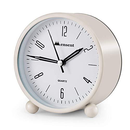 Alarm Clock.Mensent 4 inch Round Silent Analog Alarm Clock Non Ticking,with Night Light, Battery Powered Super Silent Alarm Clock, Simple Design Beside/Desk Alarm Clock (White)