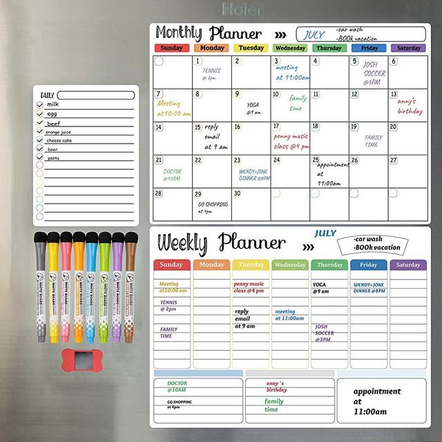 Hivillexun Dry Erase Calendar Whiteboard. Set of 3 Magnetic Calendars for Refrigerator, Monthly, Weekly Organizer & Daily Notepad. Wall & Fridge Family Calendar. 8 Markers 1 Eraser