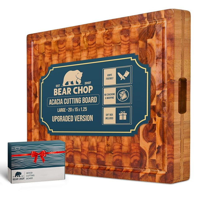 [2025 Upgraded] Bearchop 100% Acacia Wood Cutting Board for Kitchen with 4-Side Reinforced Bar for Anti Crack/Warp, [20"x15"x1.25"] Large Wooden End Grain Butcher Block Cutting Board,Gift Box included