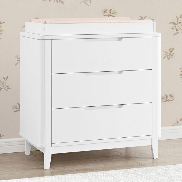 Delta Children Noah 3 Drawer Dresser with Changing Top and Interlocking Drawers - Bianca White: Modern Style, Painted Finish, Wood Frame