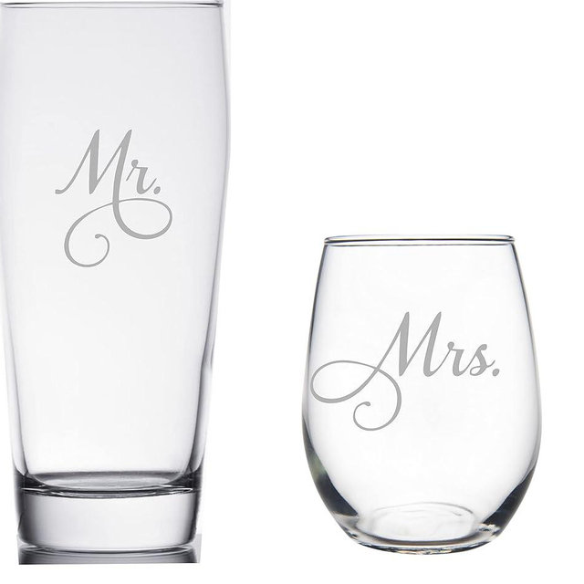 C & M Personal Gifts Stemless Glasses Set (Set of 2) Mr. and Mrs. Etched Beer Glass and Wine Glass Combo