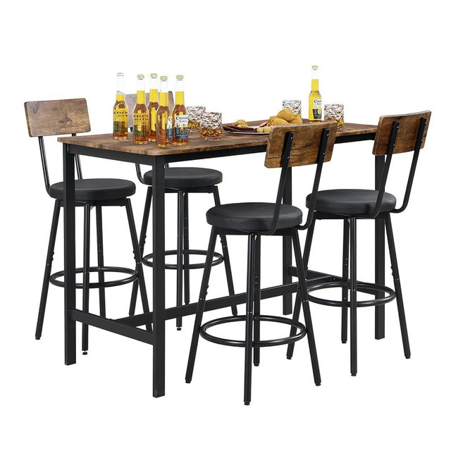 Tatub Bar Table and Chairs Set of 4, Industrial Bar Table with Stools Behind Couch, Pub Tables Bar Height, Breakfast Bar Table Set for Living Room, Kitchen, Dinning Hall, Pu Leather Seat, Rustic Brown
