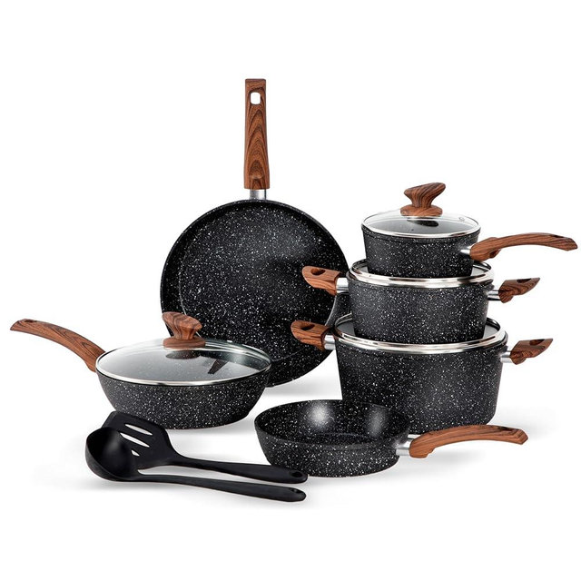 DishDelight Induction Pots and Pans Set Non Stick, 12 Piece Nonstick Kitchen Cookware Sets, Nonstick Granite Cooking Set Induction Pots and Pans, Induction Cookware Sets with Frying Pans, Black