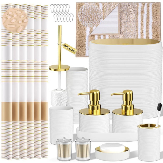 InnJoey Bathroom Set - Bathroom Sets with Shower Curtain and Rugs, 25PC Bathroom Accessory Set, White Bathroom Accessories Set with Trash Can, Soap Dispensers