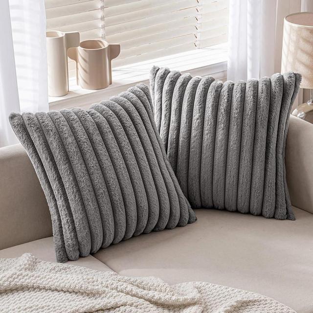 MIULEE Light Grey Throw Pillow Covers 18x18 Inch Set of 2 Fuzzy Striped Soft Pillowcase with Velvet Back Faux Rabbit Fur Cushion Covers Decorative Home Decor for Couch Sofa Bedroom Livingroom