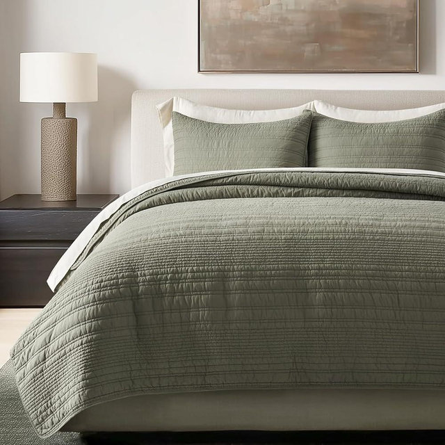 EVERGRACEHOME 100% Cotton Modern Lines Quilt Set King Size, Pre-Washed Soft Striped Coverlet Bedspread, 3 Piece Lightweight Bedding Set for All Season, with 2 Pillow Shams, Olive Green