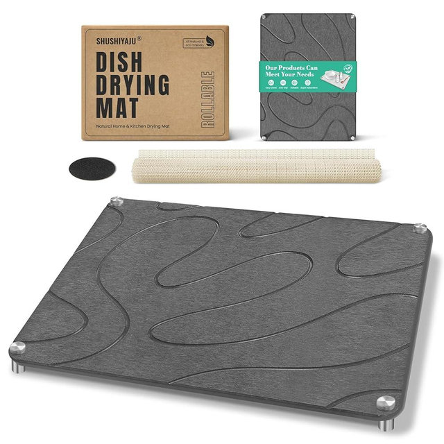 Stone Drying Mat For Kitchen Counter Superb Absorbent Diatomaceous Earth Mats with Non-Slip Feet Quick Dry Stone Dish Drying Pad Dish Pad Multi-Purpose(Flow Line-DarkGrey, 15.7" x 11.8")