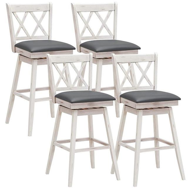 COSTWAY Bar Stool Set of 4, 360 °Swivel Bar Height 29.5 inch Bar Stool with Foot Rest Upholstered Cushion & Ergonomic Backrest, Sturdy Frame, for Pub, Restaurant, Home (4, Antique White + Grey)